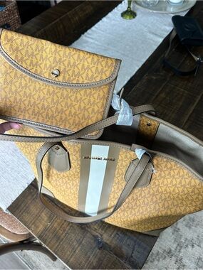 Michael Kors Mustard Yellow and Tan Signature Stripe Tote with Pouch